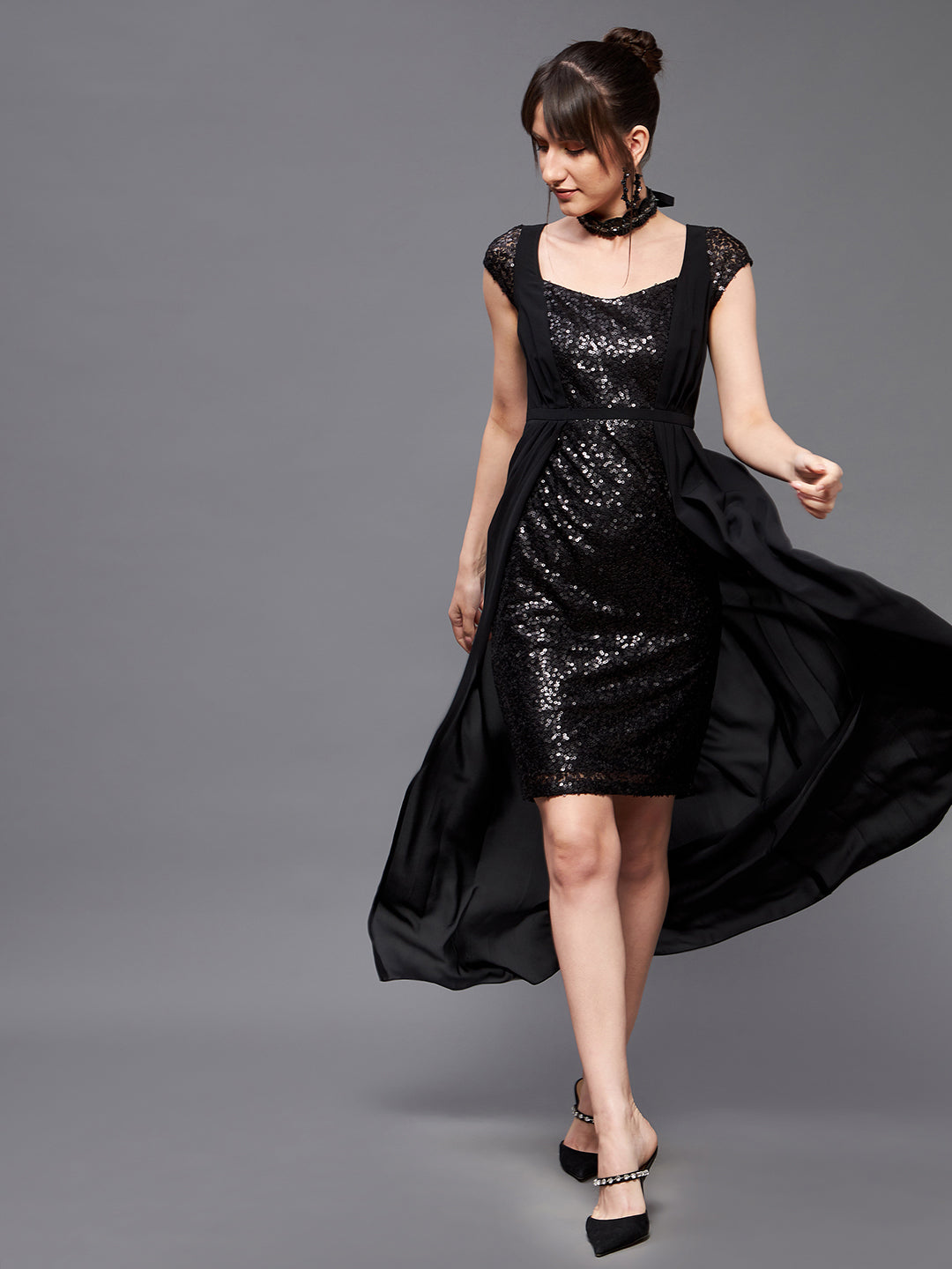 Women's Black Embellished Fit & Flare Maxi Dress