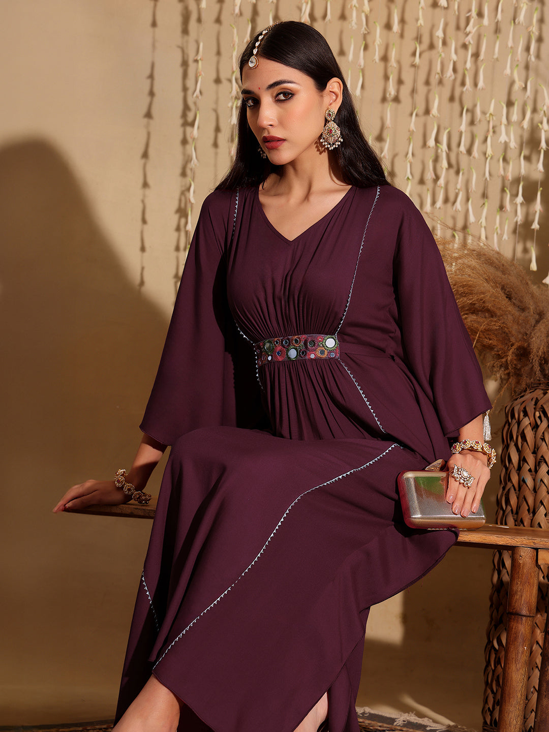 Women's Wine V-Neck 3/4 Sleeve Solid Viscose Rayon Maxi Kaftan Dress