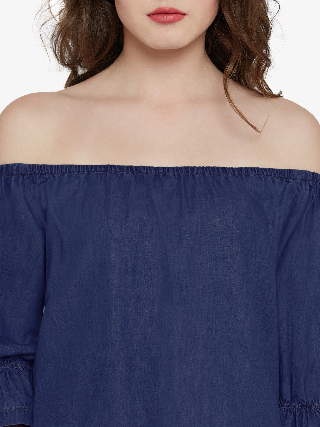 Women's Blue Denim Off-shoulder Gathered 3/4 Sleeve Solid Bardot Top