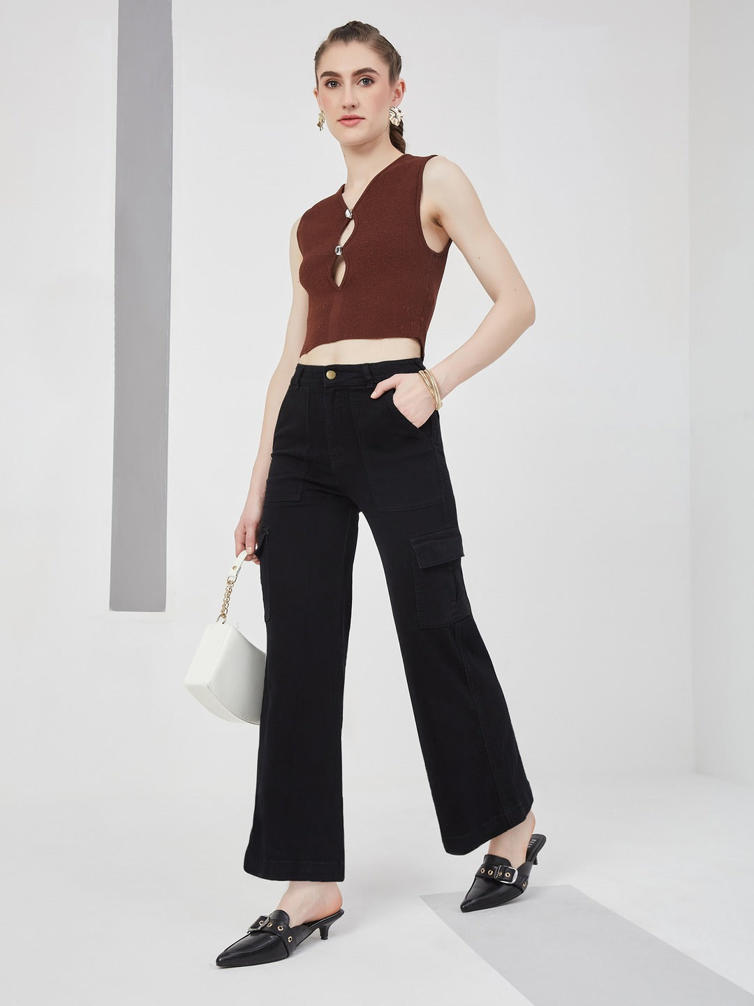 Black Wide leg high-rise Regular Stretchable Denim Jeans for Women