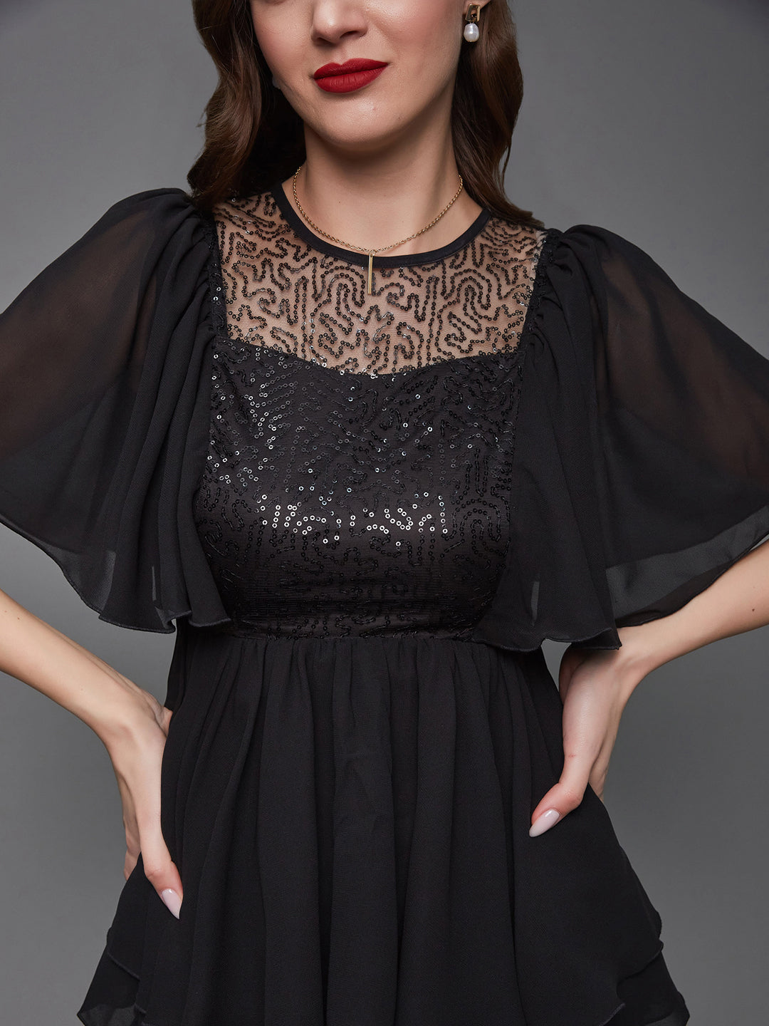 Women's Black Embellished Round Neck Flared Sleeves Georgette Layered Regular Length Top