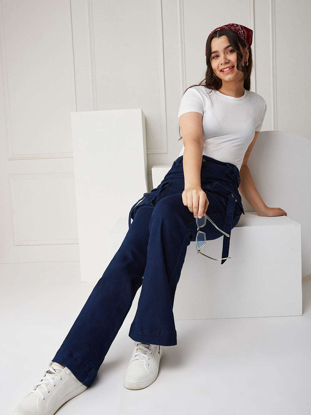 Navy Blue Bootcut High-rise Clean-look Regular Stretchable Denim Jeans