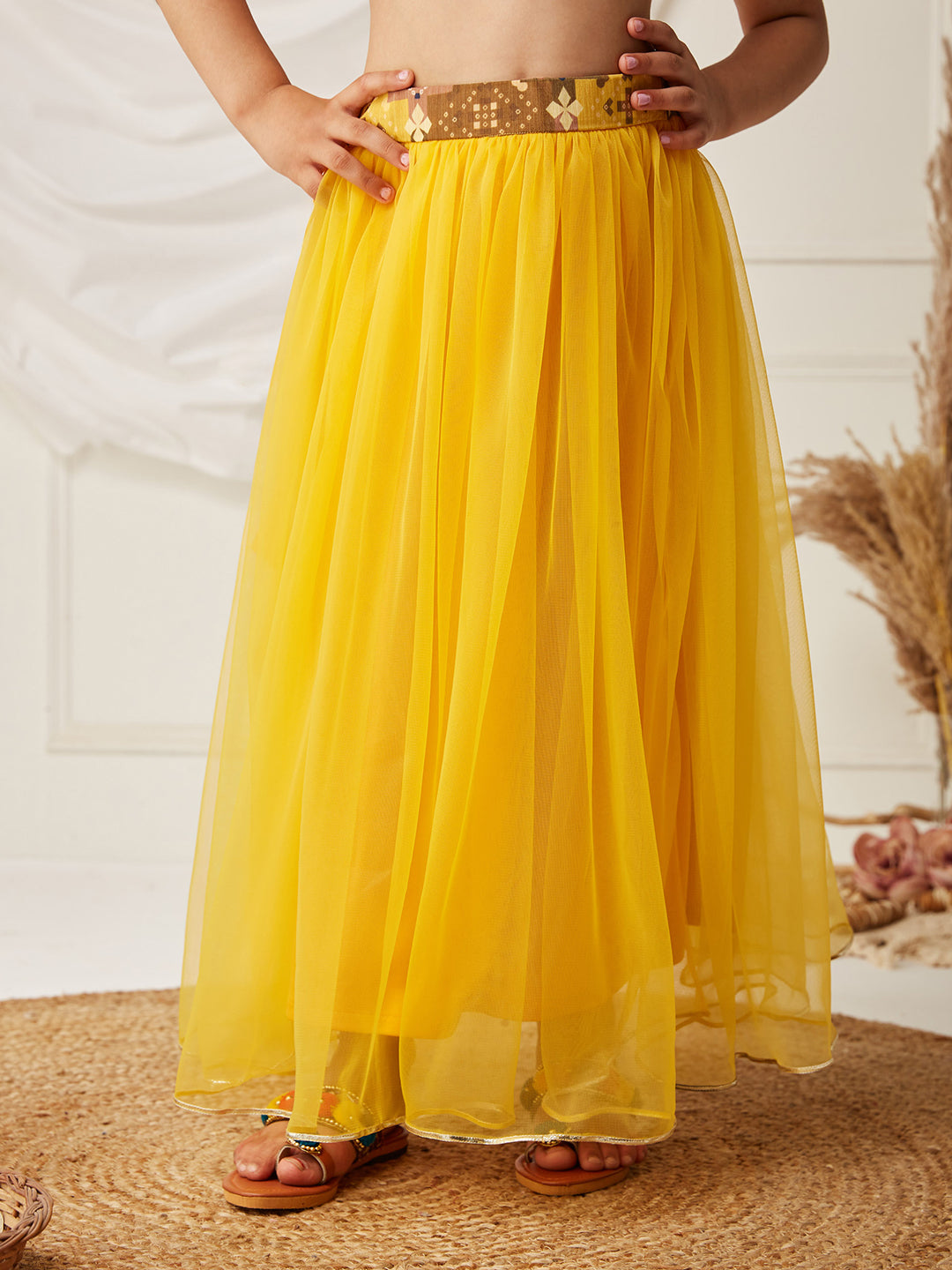 Multicolored-Base-Mustard Boat-Neck Sleeveless Embellished Fit & Flare Regular Fusion Set