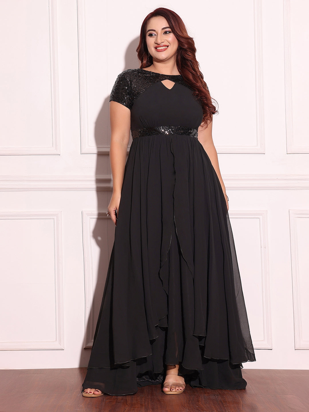 Women's Black Keyhole-Neck Short-Sleeved Embellished Layered Georgette Maxi Dress