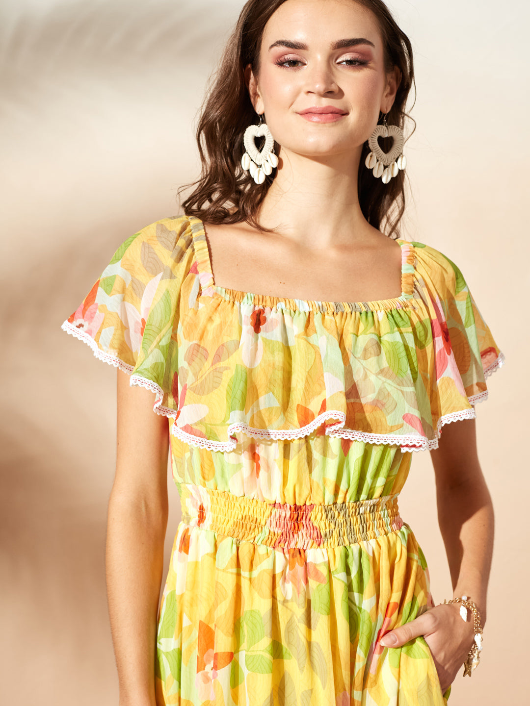 Butter Yellow Square Neck Cape Floral Tiered Maxi Chiffon Dress for Women — Miss Chase