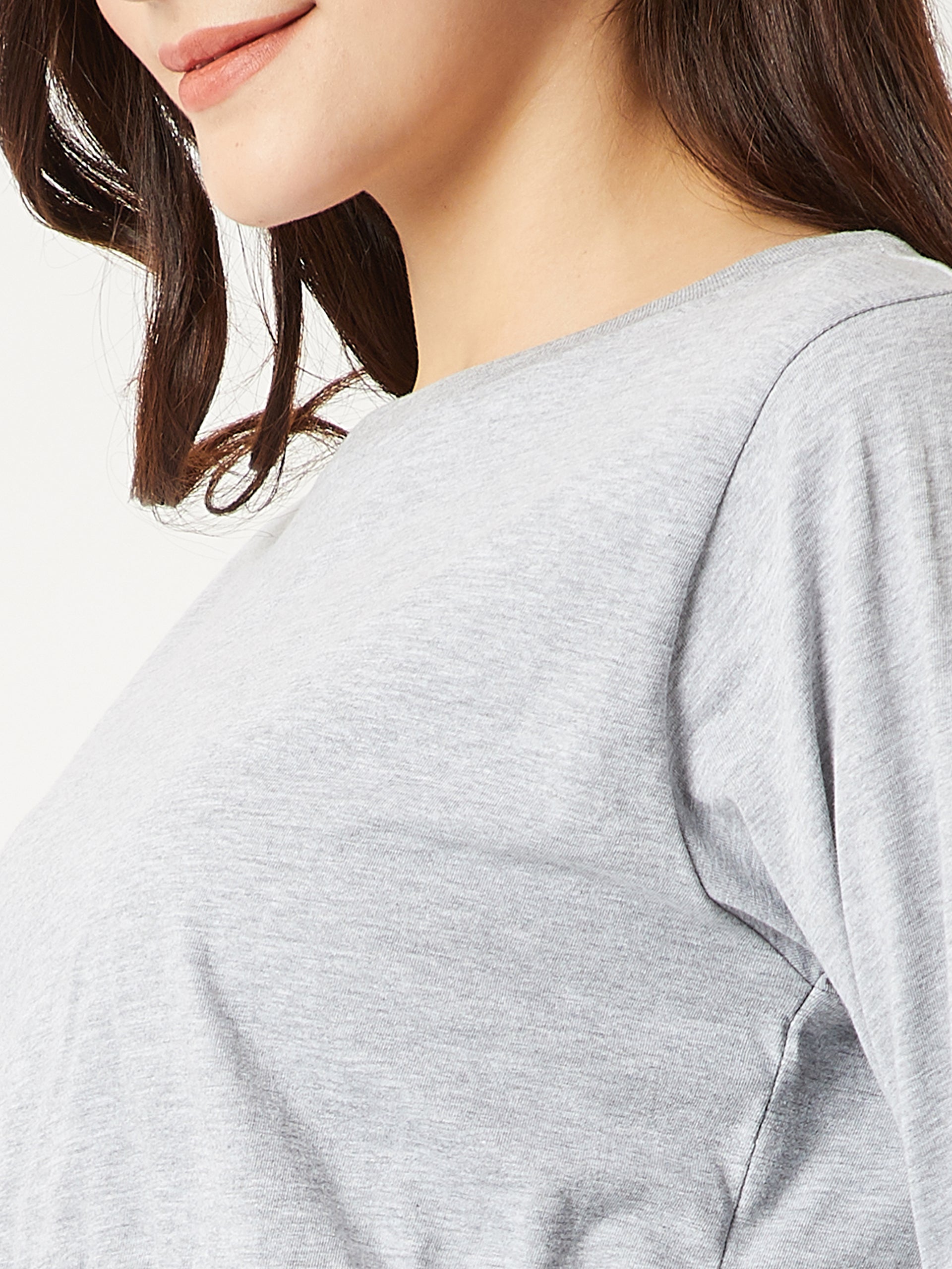 Women's Grey Round Neck Full Sleeve Cotton Pearl Detailing Solid Boxy Crop Top