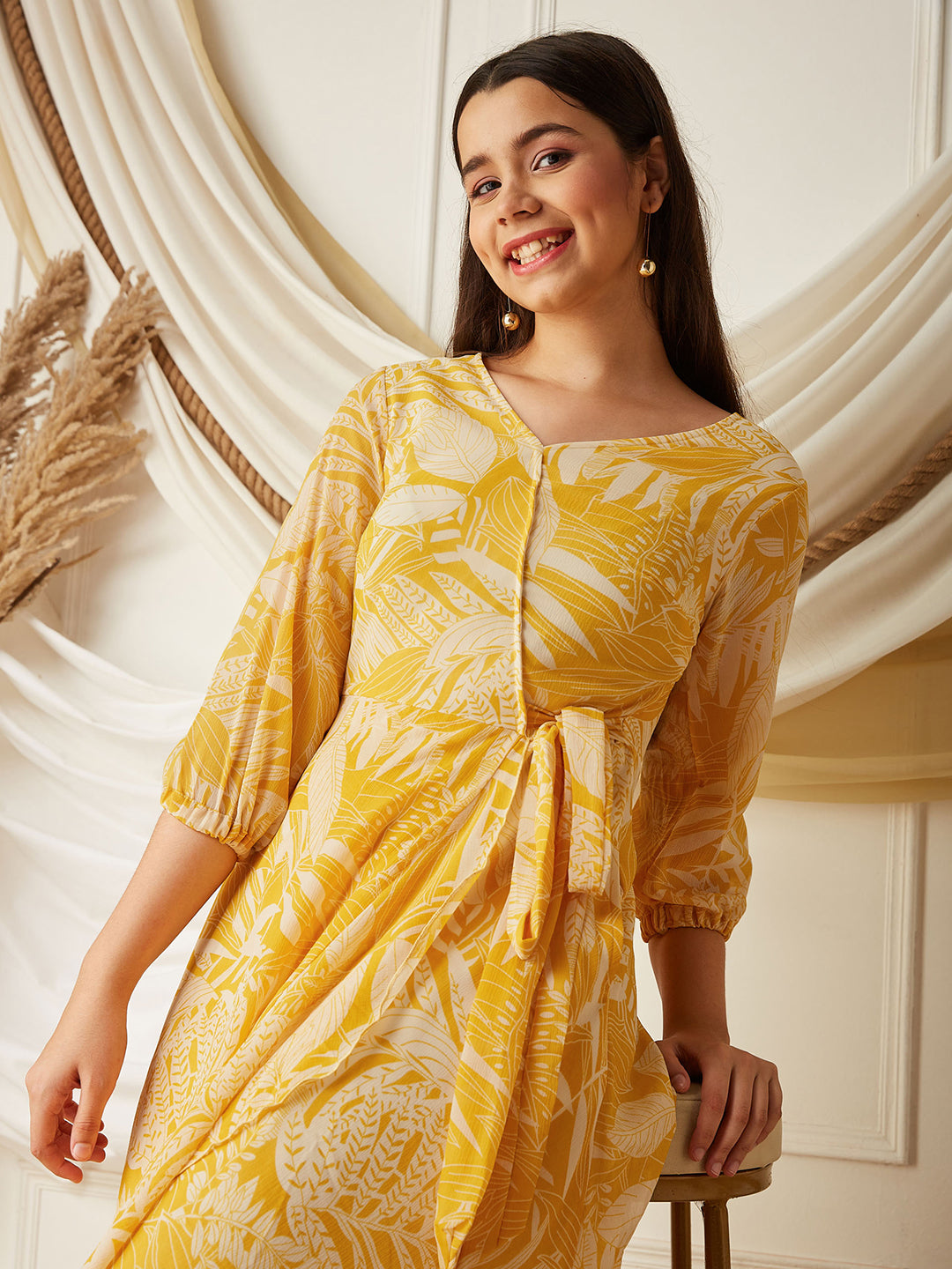 Yellow & White V neck Full sleeve Floral Layered Maxi Dress