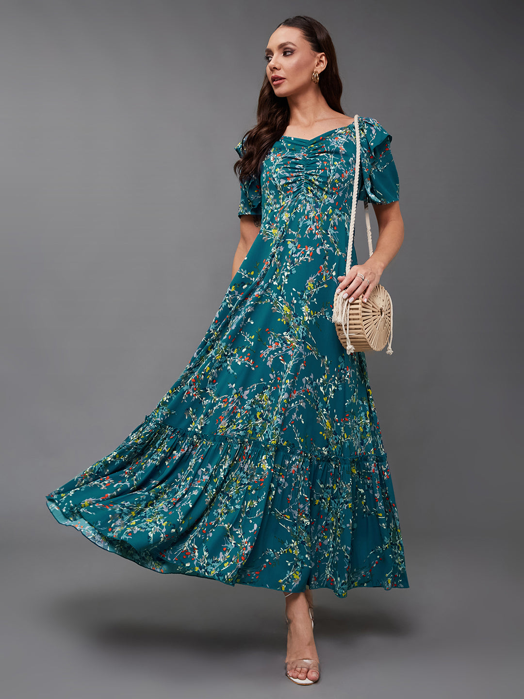 Women's Multicolored-Base-Turquoise Sweet-Heart Neck Half Sleeve Floral Ruching Crepe Midi Dress