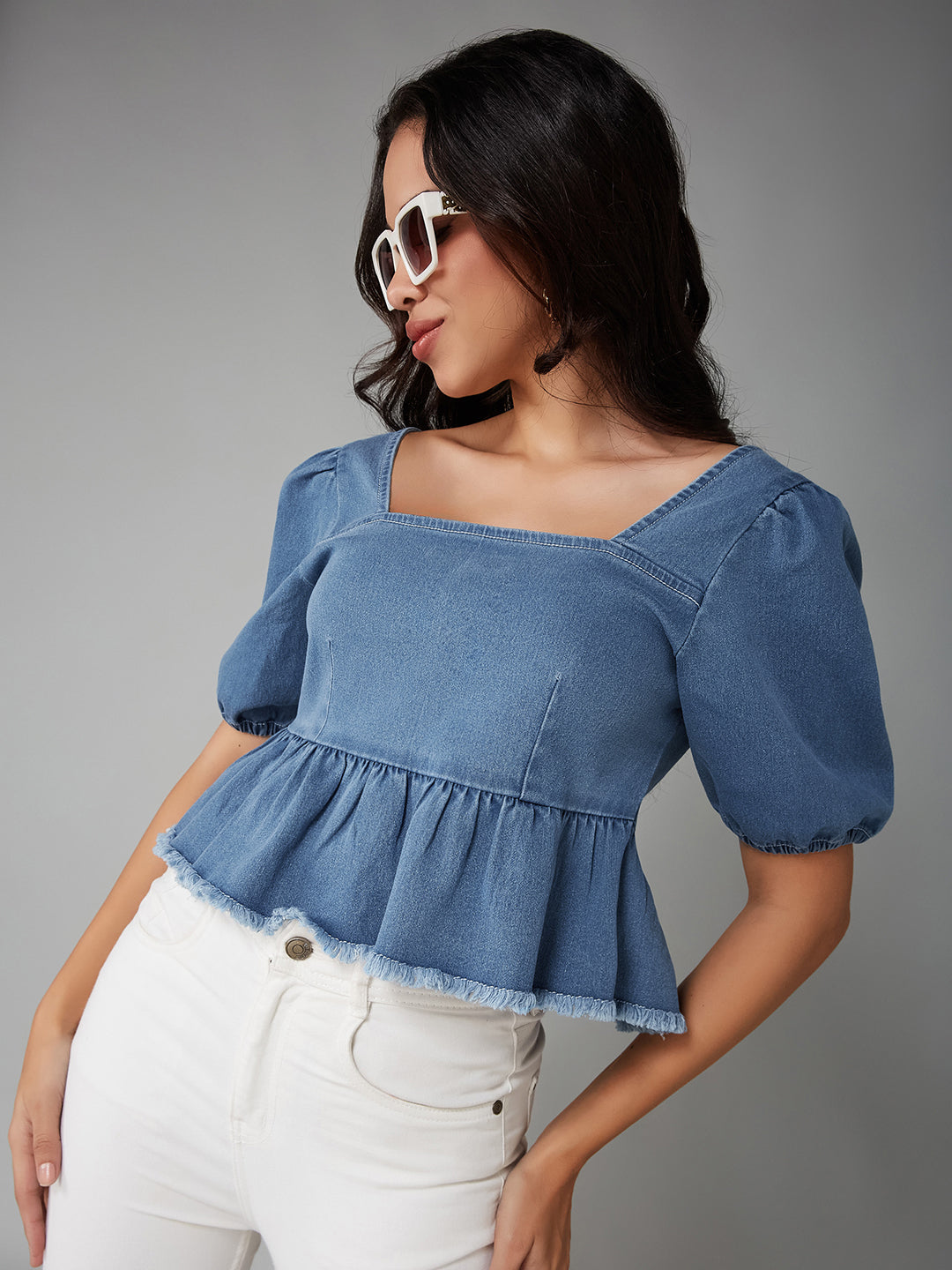 Women's Light Blue Square-Neck Puff-Sleeve Peplum-Styled Denim Cropped Top