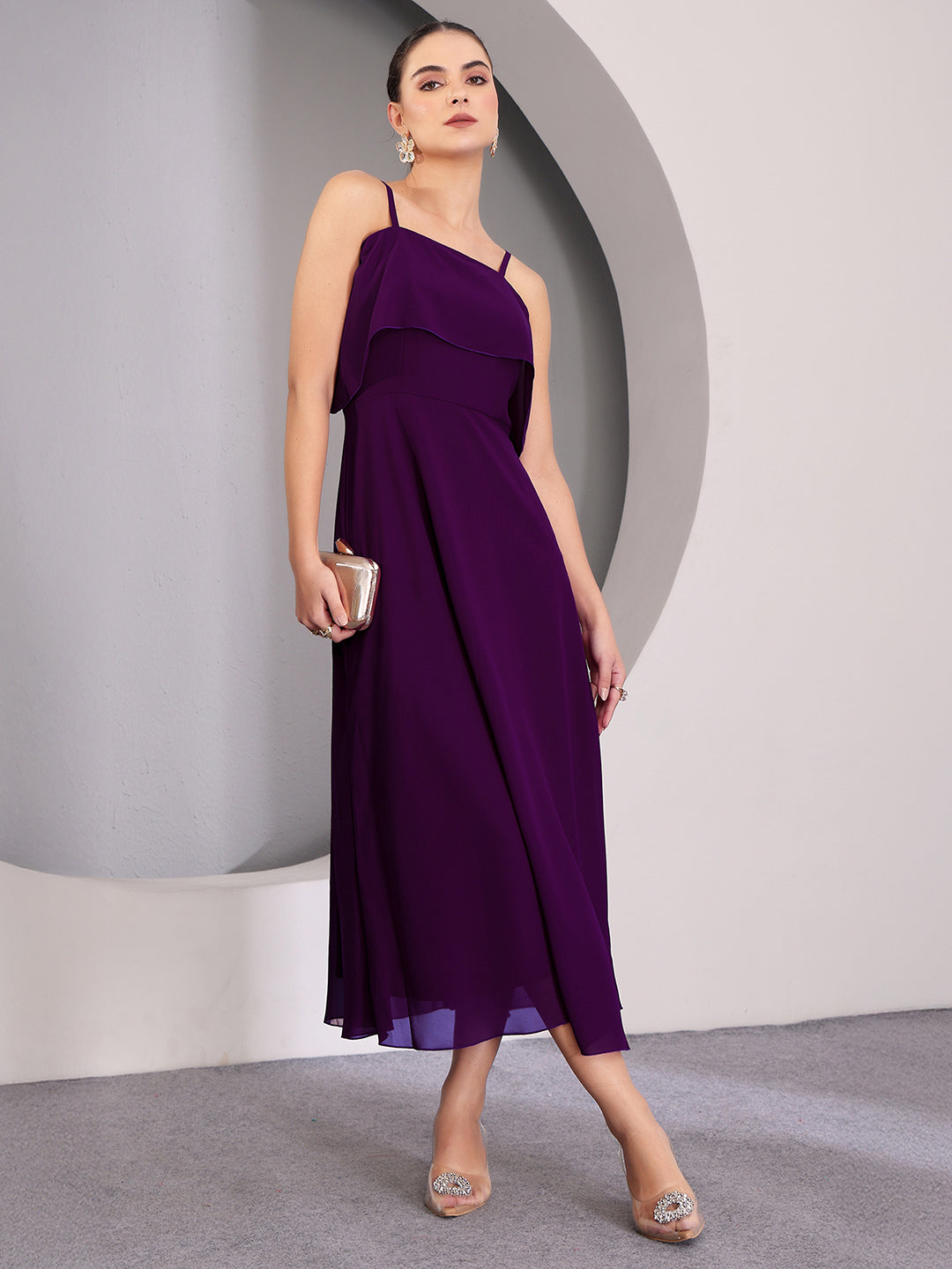 Women's Purple Bardot Style Sleeveless Spaghetti Strap Solid Off Shoulder Midi Skater Dress