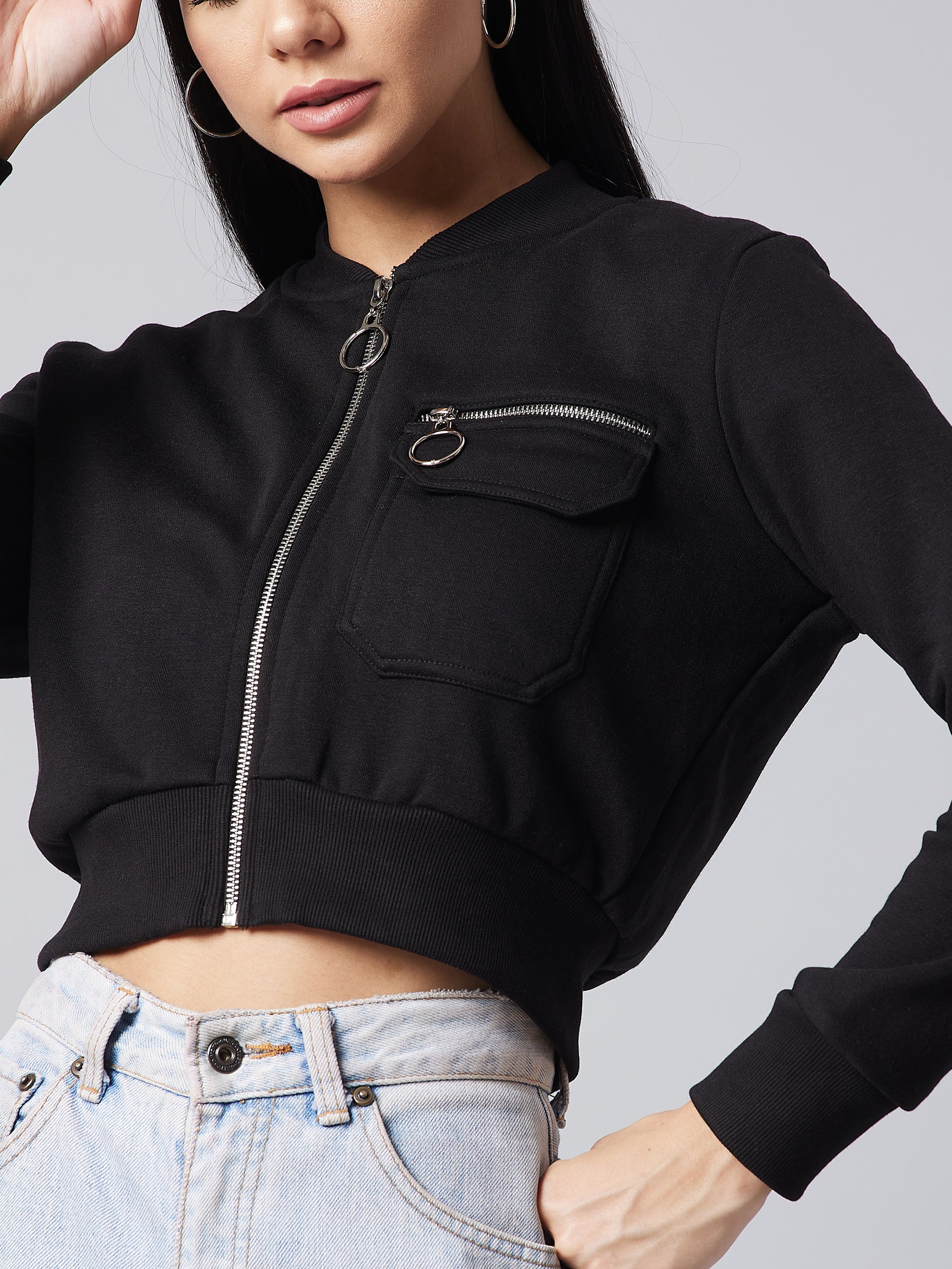 Women's Black Stand Collar Full Sleeve Solid Boxy/Bomber Crop Jacket