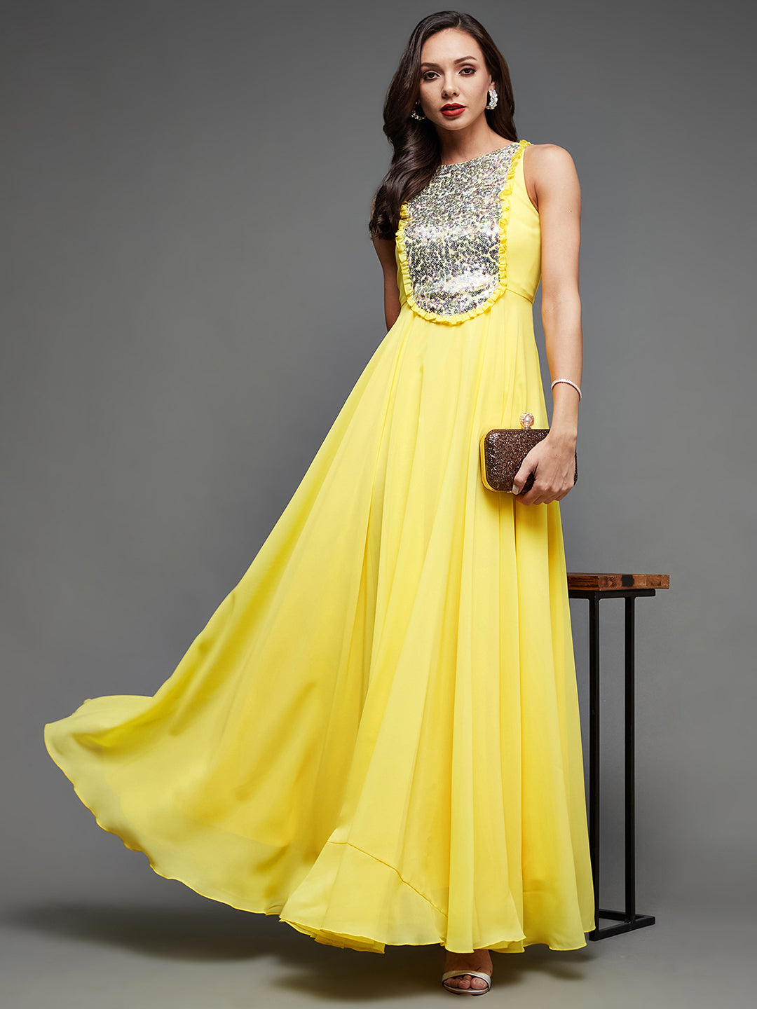 Women's Yellow Round Neck Sleeveless Embellished Frilled Georgette Maxi Dress