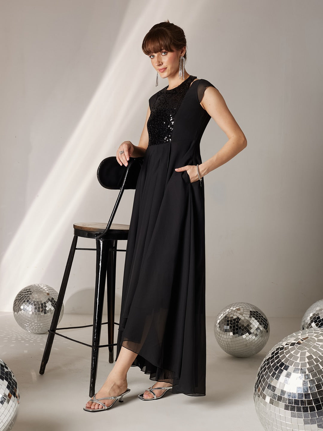 Black Halter-Neck Cap-Sleeve Solid Pleated Embellished Georgette Maxi Dress for Women
