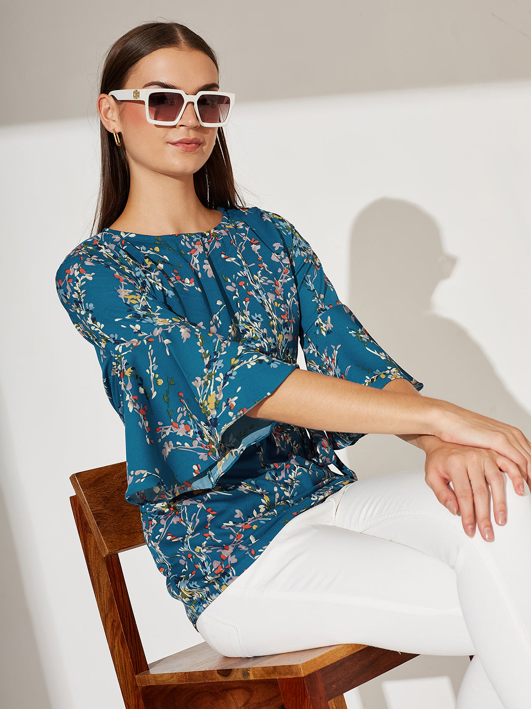 Turquoise Boat Neck Ruffled 3/4 Sleeves Floral Ruffled Long Belted Tie-Up Top for Women