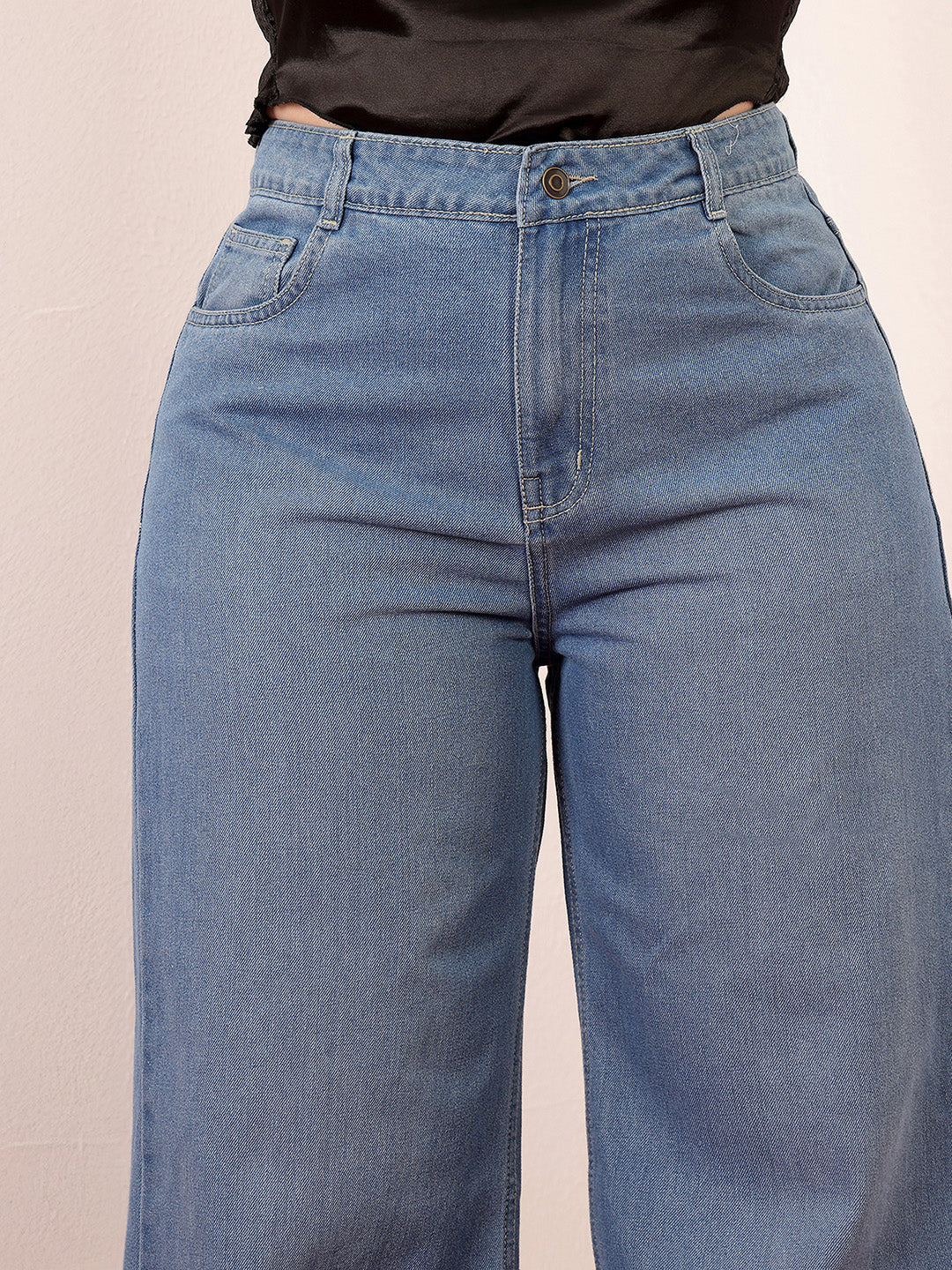 Women's Light Blue Wide-Leg High-Rise Clean-Look Regular-Length Non-stretchable Denim Jeans