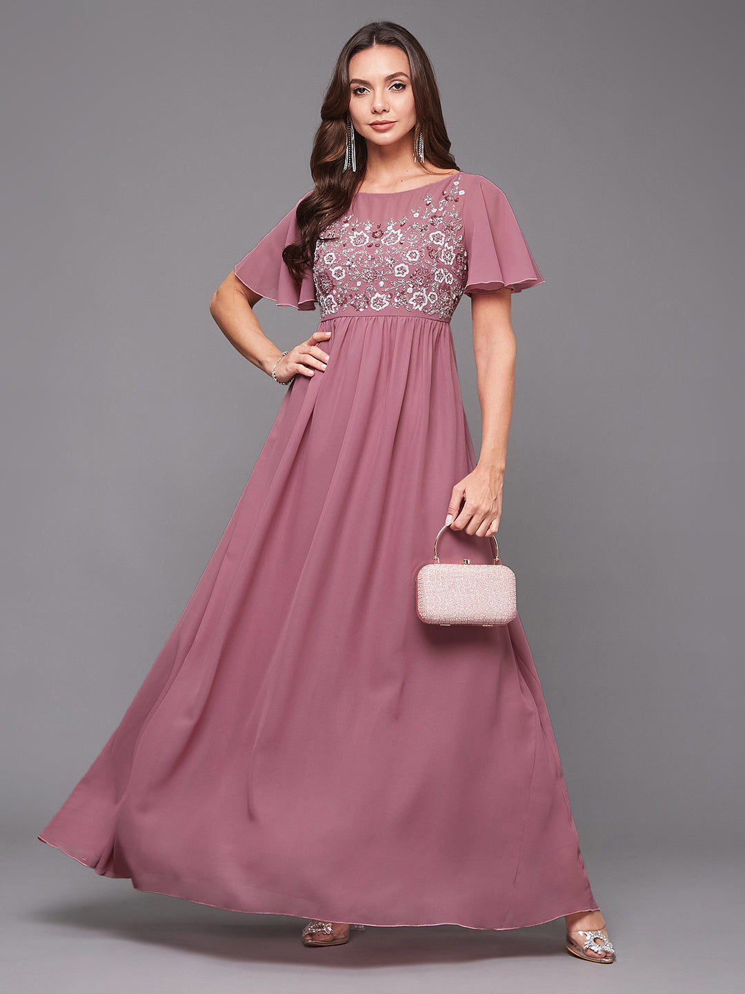 Women's Dusty Lavender Boat Neck Half Sleeve Solid Embellished Georgette Maxi Dress