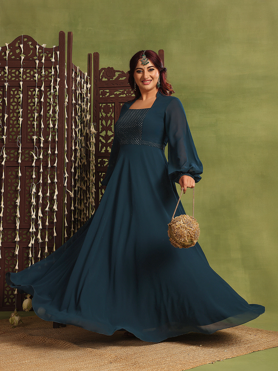 Women's Teal Mandarin-Collar Bishop Sleeve Embellished Panelled Georgette Maxi Dress