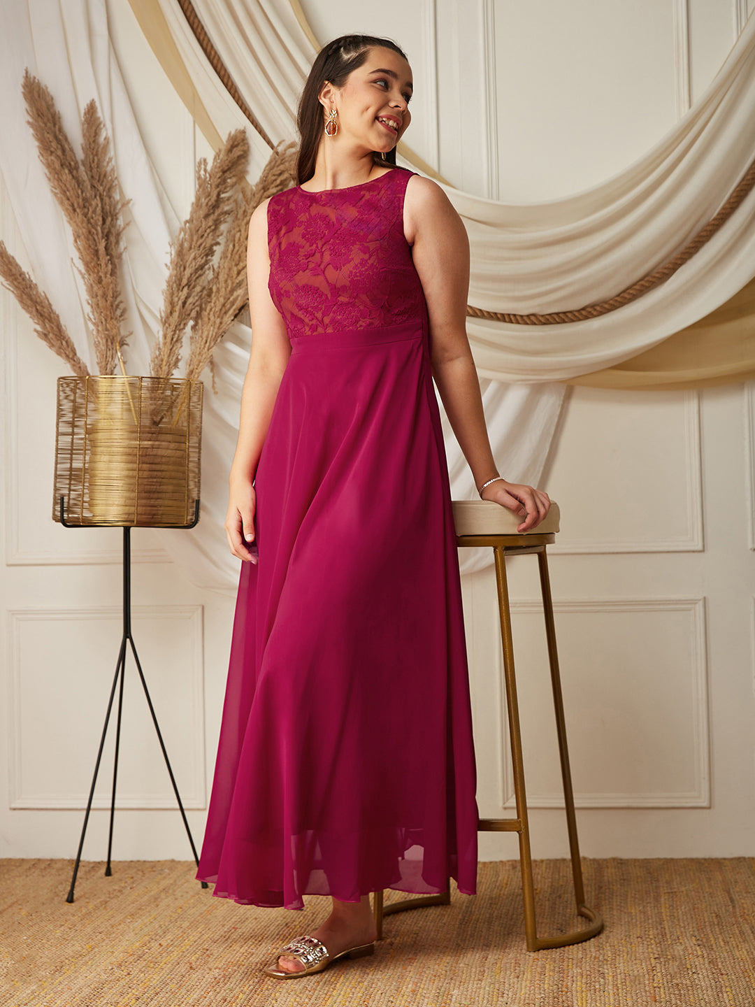 Dark Pink Boat-Neck Sleeveless Solid Lace Overlaid Polyester Maxi Dress