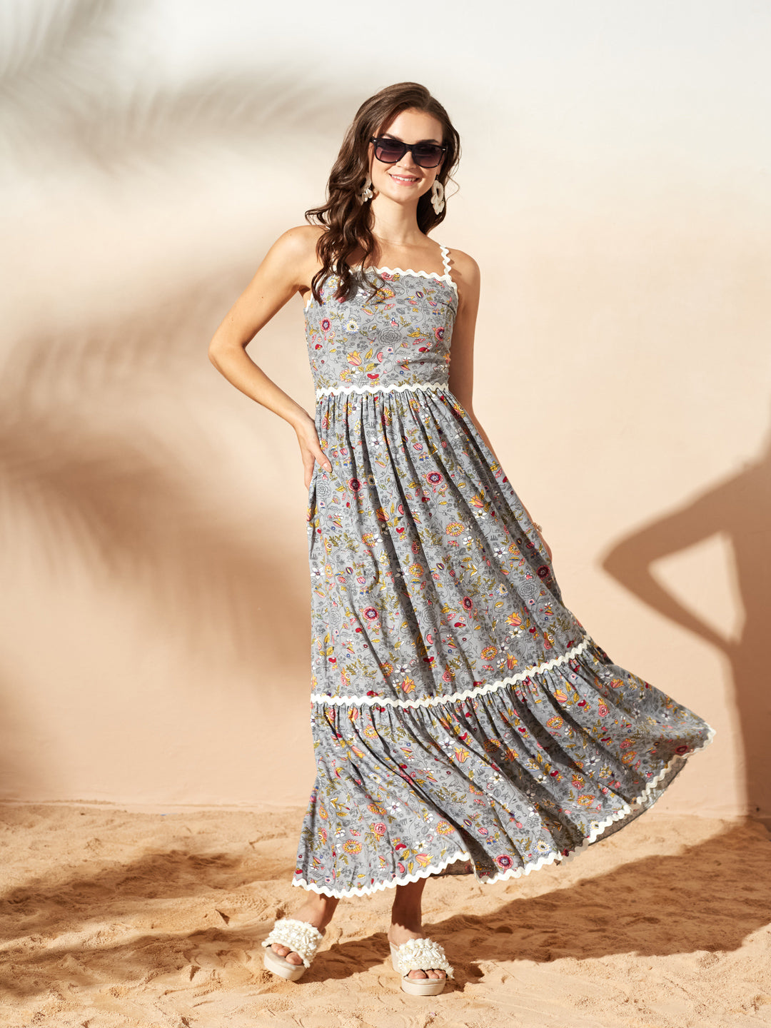 Grey Bohemian Multicolored Tiered Maxi Dress with Square Neck and Smocked Back for Women