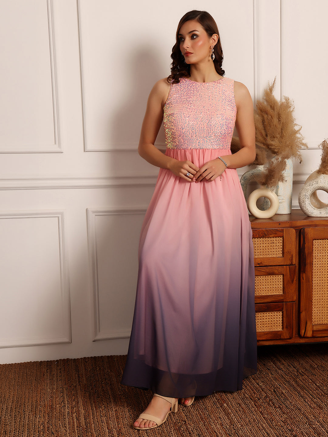 Multicolored-Base-Pink Round Neck Sleeveless Embellished Georgette Maxi Dress for Women