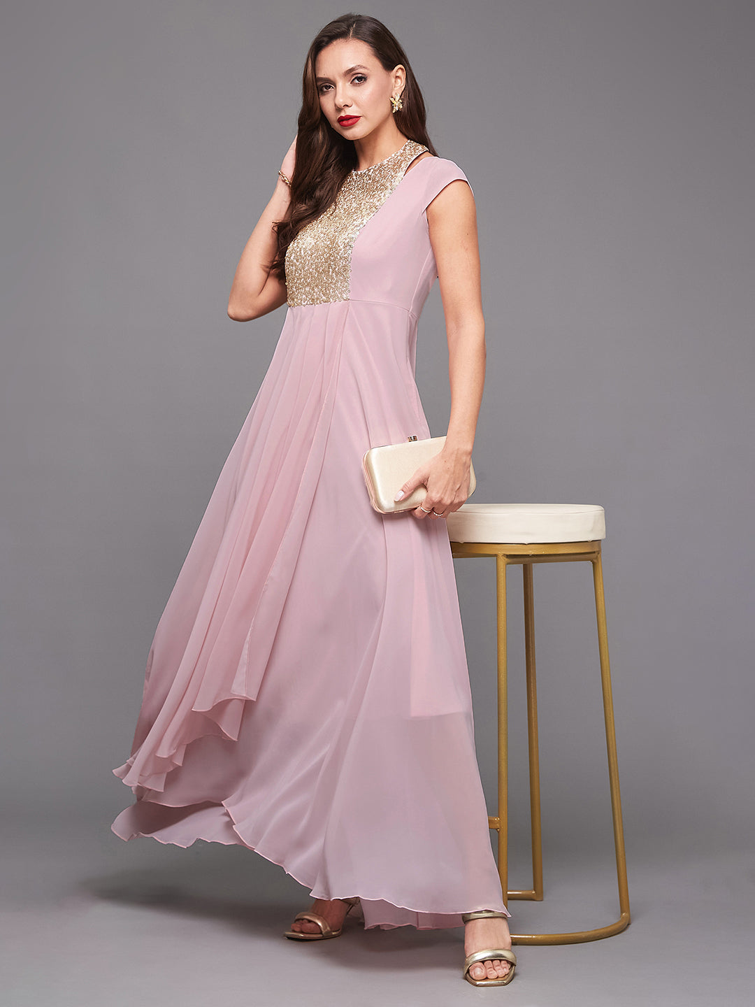 Women's Dusty Pink Round neck Cap Sleeve Sequined Party Maxi Dress