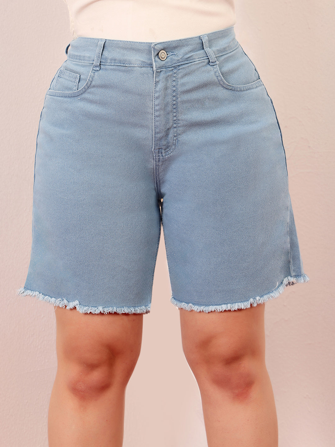 Women's Light Blue High-Rise Clean-Look Above Knee Stretchable Denim Shorts