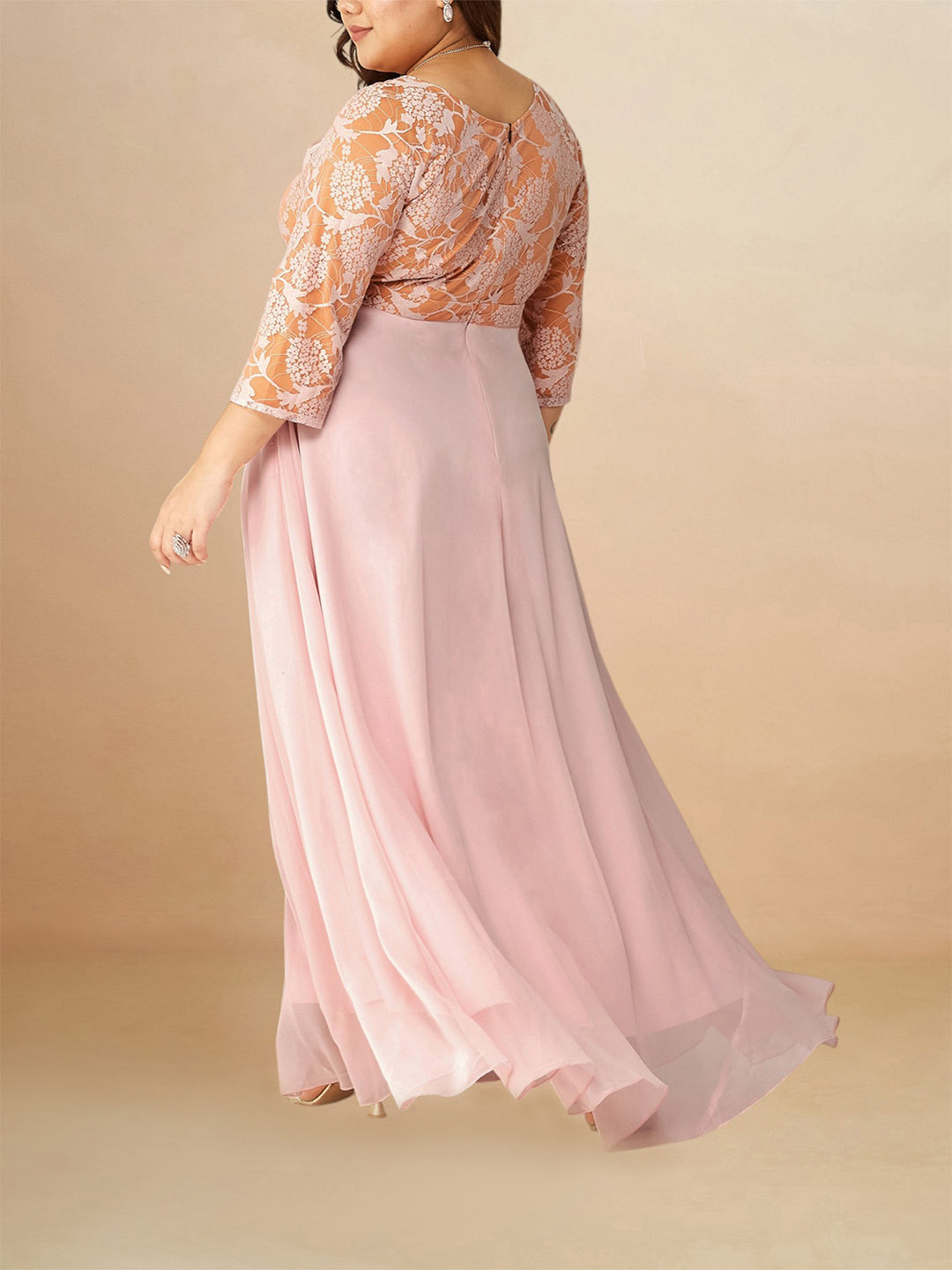 Dusty Pink V-Neck Raglan-Sleeve Self-Designed Empire-Styled Georgette Maxi Dress for Women