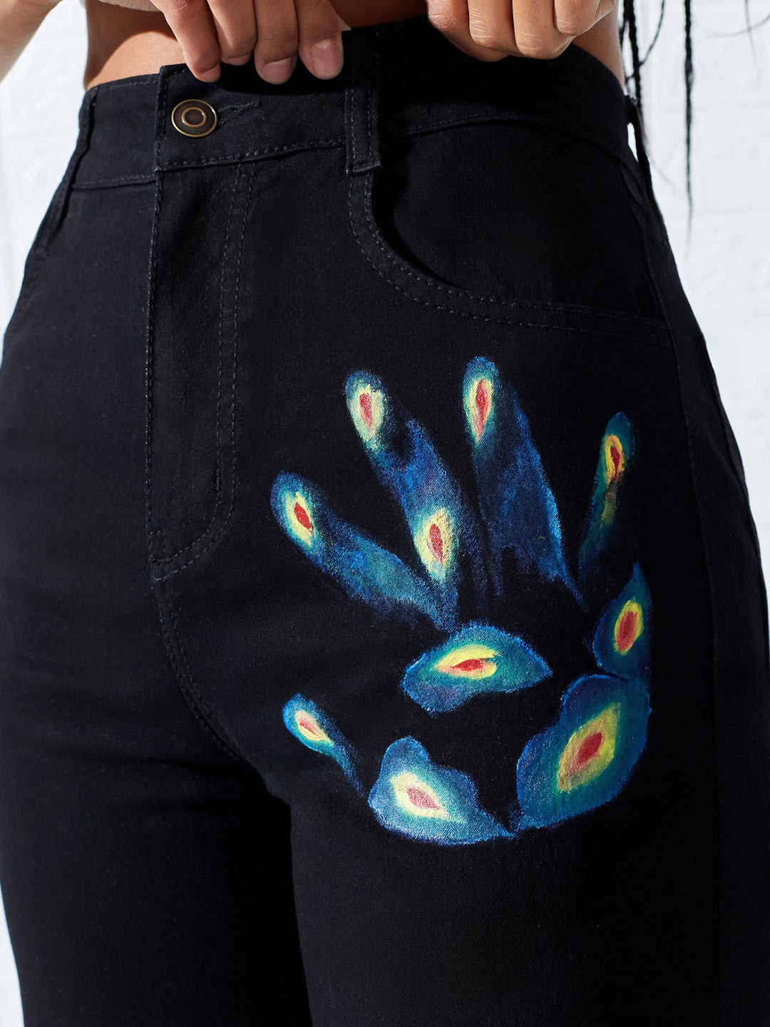 Hand-Painted Black Wide Leg High-Rise Thermal Hand-Scan Stretchable Denim Jeans For Women
