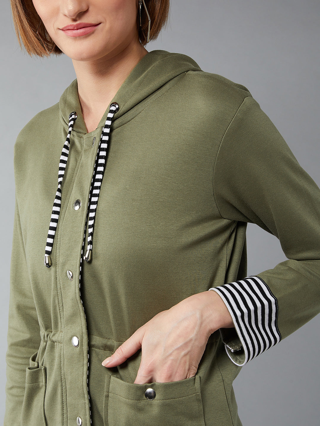 Women's Multicolor-Base Olive Green Hooded Full Sleeves Solid Waist Tie-Up Jacket