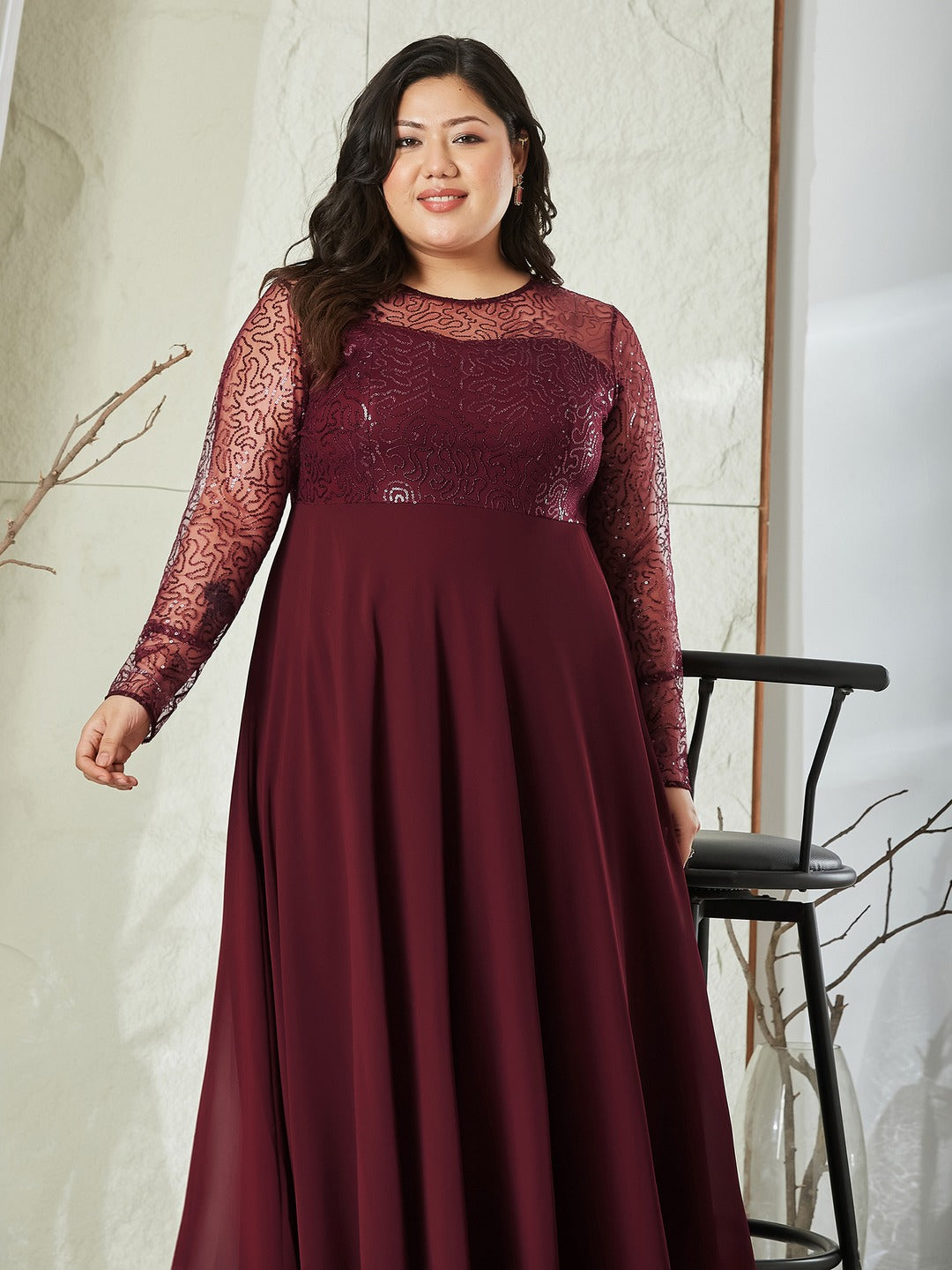 Wine Solid Embellished Maxi Dress for Women