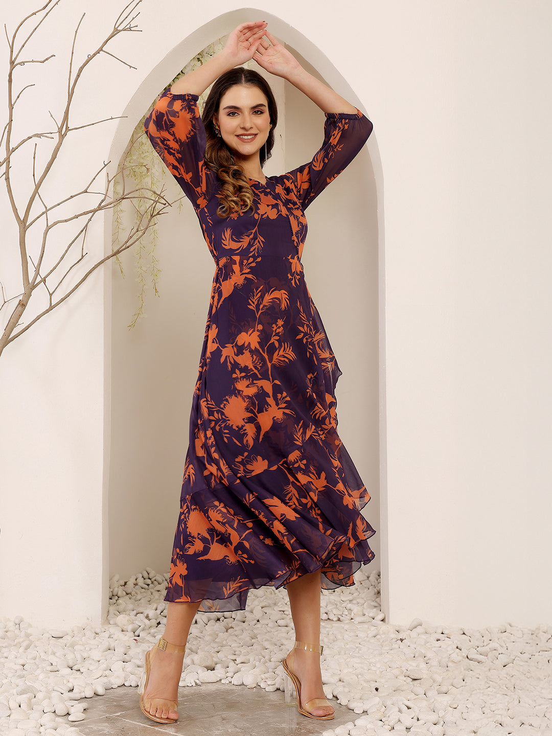 Women's Multicolored-Base-Purple V-Neck 3/4 Sleeve Floral Wrap Chiffon Midi Dress