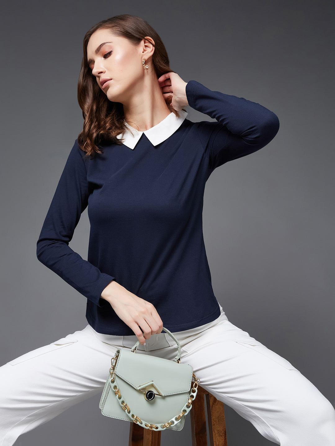 Women's Navy Blue Collared Round Neck Full Sleeve Cotton Solid Buttoned Top