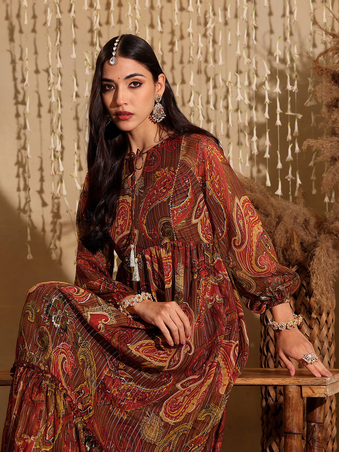 Women's Multicolored-Base-Brown Relaxed Fit Maxi Lurex Chiffon Dress