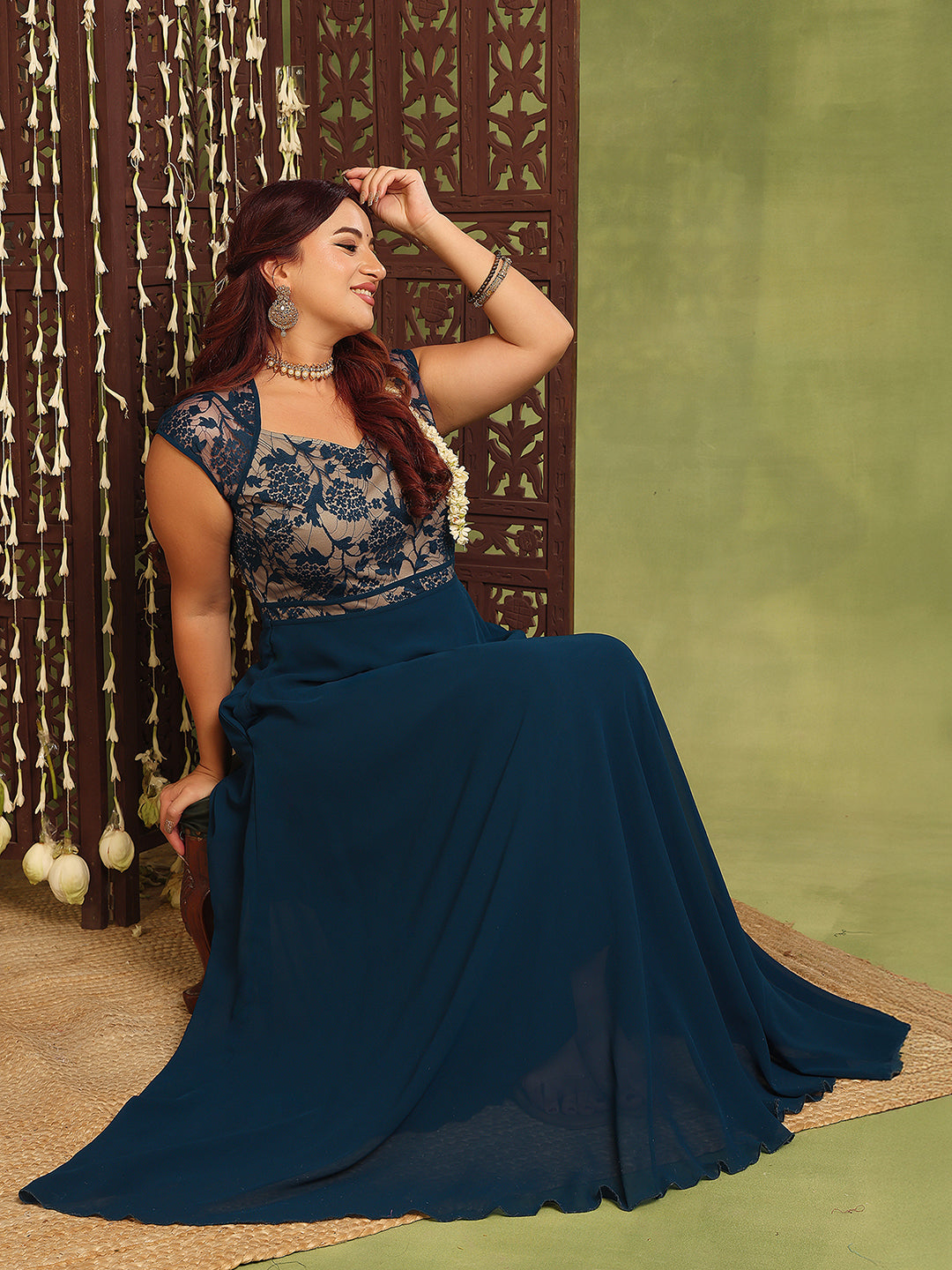 Women's Teal Floral V-Neck Cap-Sleeves Lace-Overlaid Fit & Flare Paneled Maxi Dress