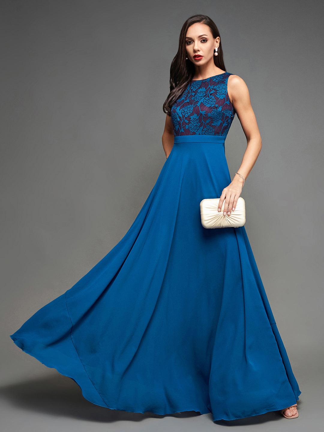 Women's Royal Blue Round Neck Sleeveless Georgette Floral Lace Fit & Flare Maxi Dress