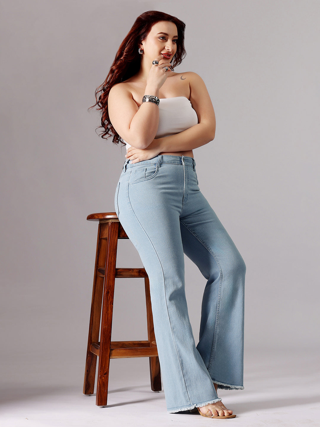 Women's Light Blue Bootcut High-Rise Clean-Look Cropped Stretchable Denim Jeans