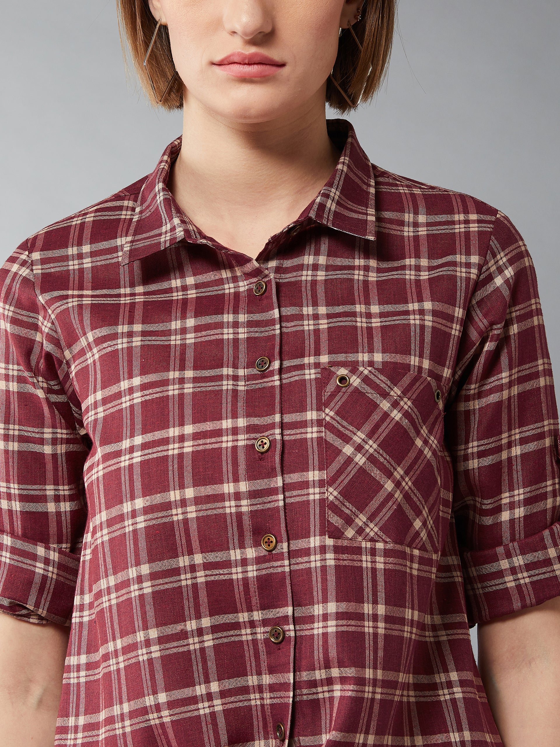 Women's Multicolor-Base Maroon Collared Neck Full Sleeves Checkered Knot Shirt