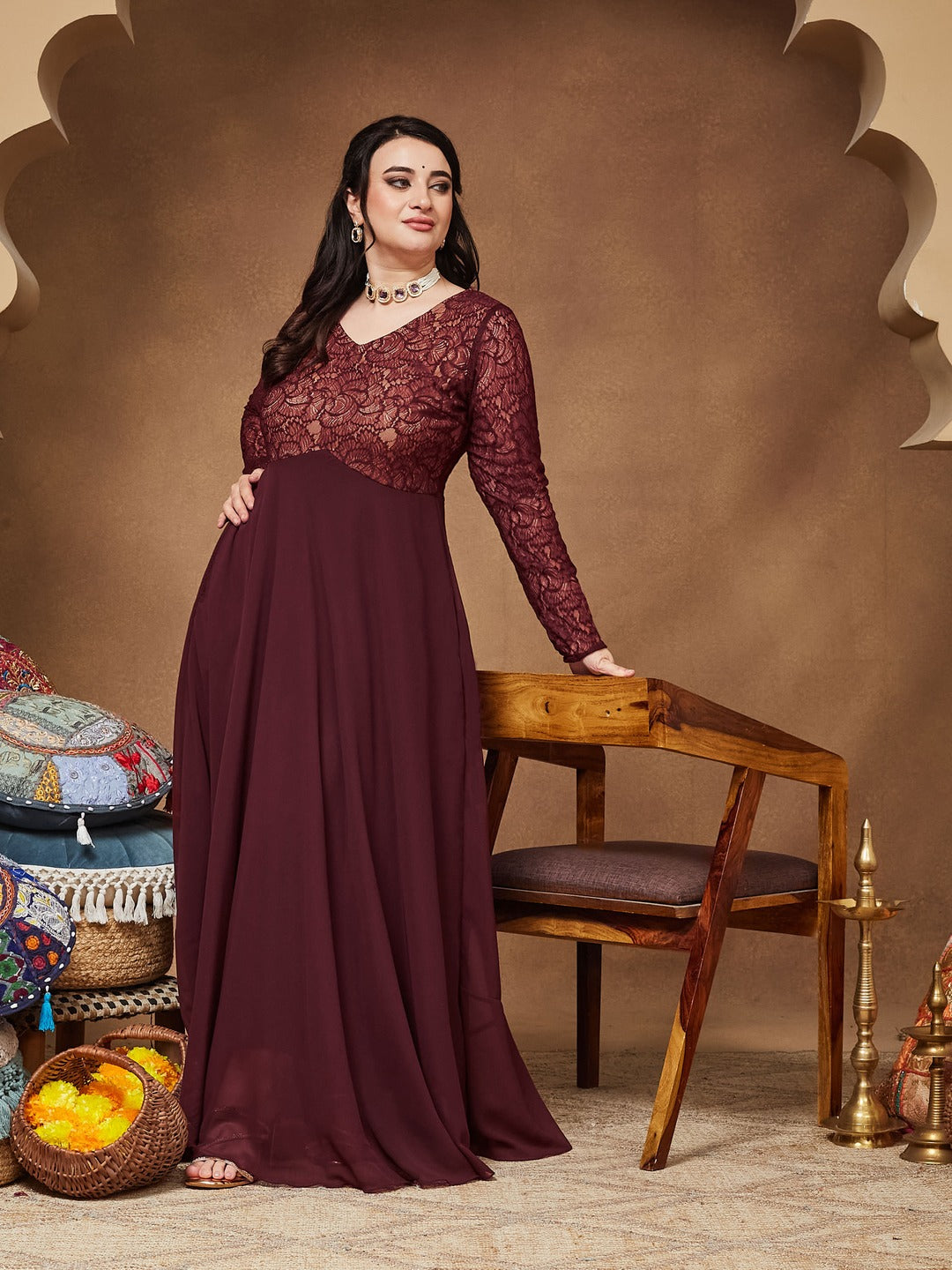 Wine V-Neck Full Sleeve Self Design Lace-Overlaid Georgette Maxi Dress for Women