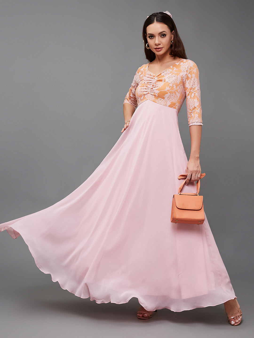 Women's Dusty Pink V-Neck Raglan-Sleeve Self-Designed Empire-Styled Georgette Maxi Dress