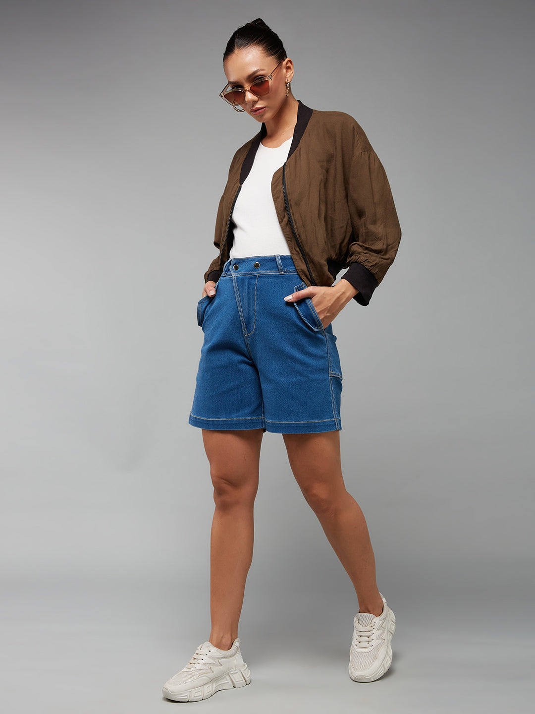 Women's Relaxed-Fit Mid-Rise Clean-Look Stretchable Blue Denim Bermuda Shorts