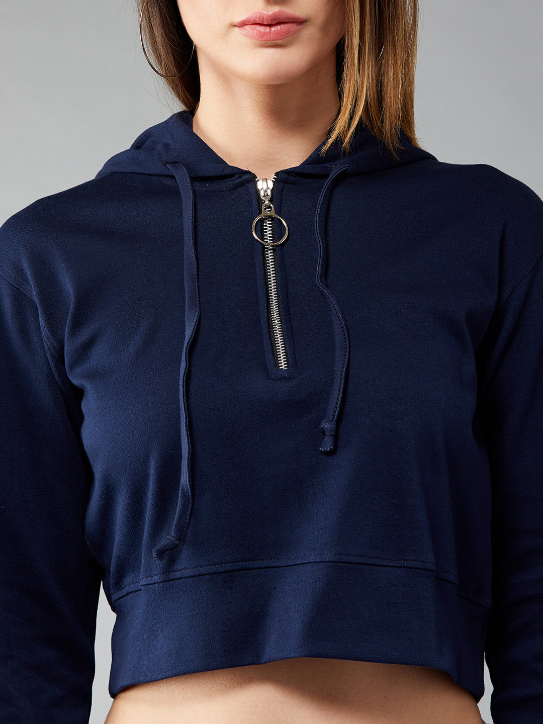 Women's Navy Blue Solid Round Neck Full Sleeve Hooded Boxy Crop Zippered Sweatshirt