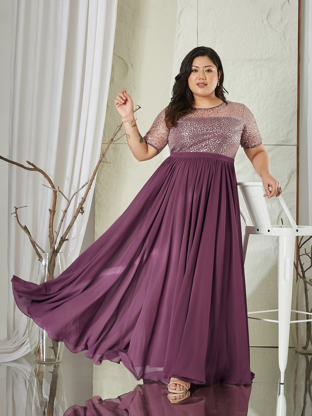 Mauve Relaxed Fit Maxi Georgette & Sequins Dress for Women