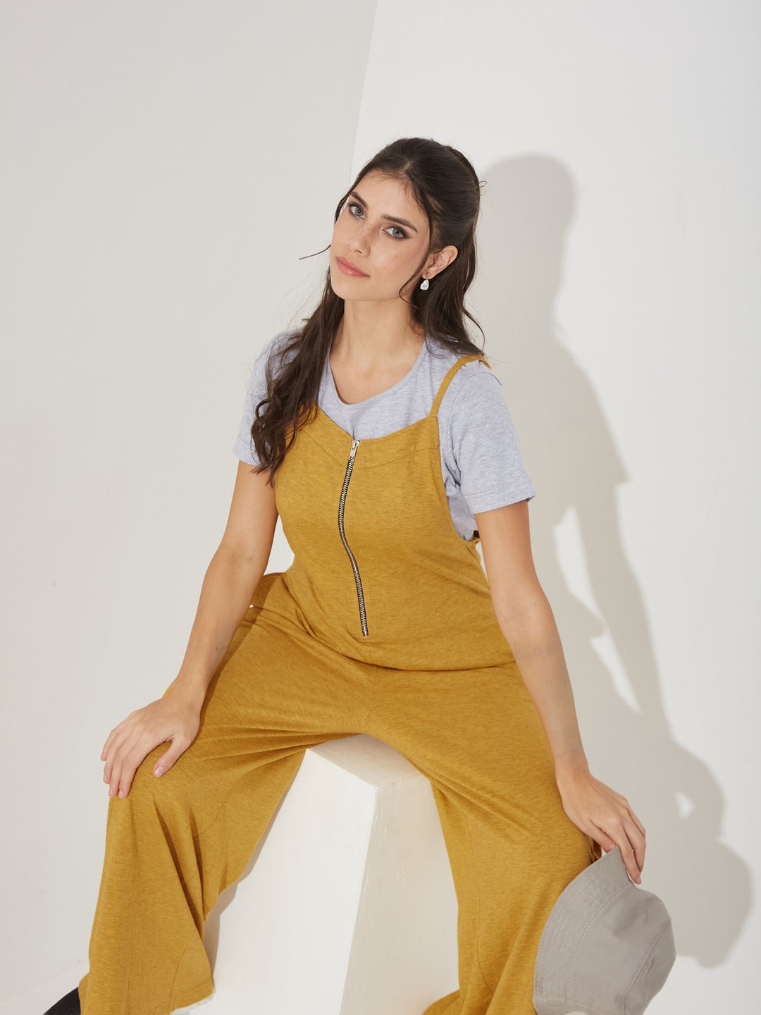 Gold and Grey Round Neck Half Sleeve Solid Regular Fit Cotton Dungaree Co-Ord Set for Women