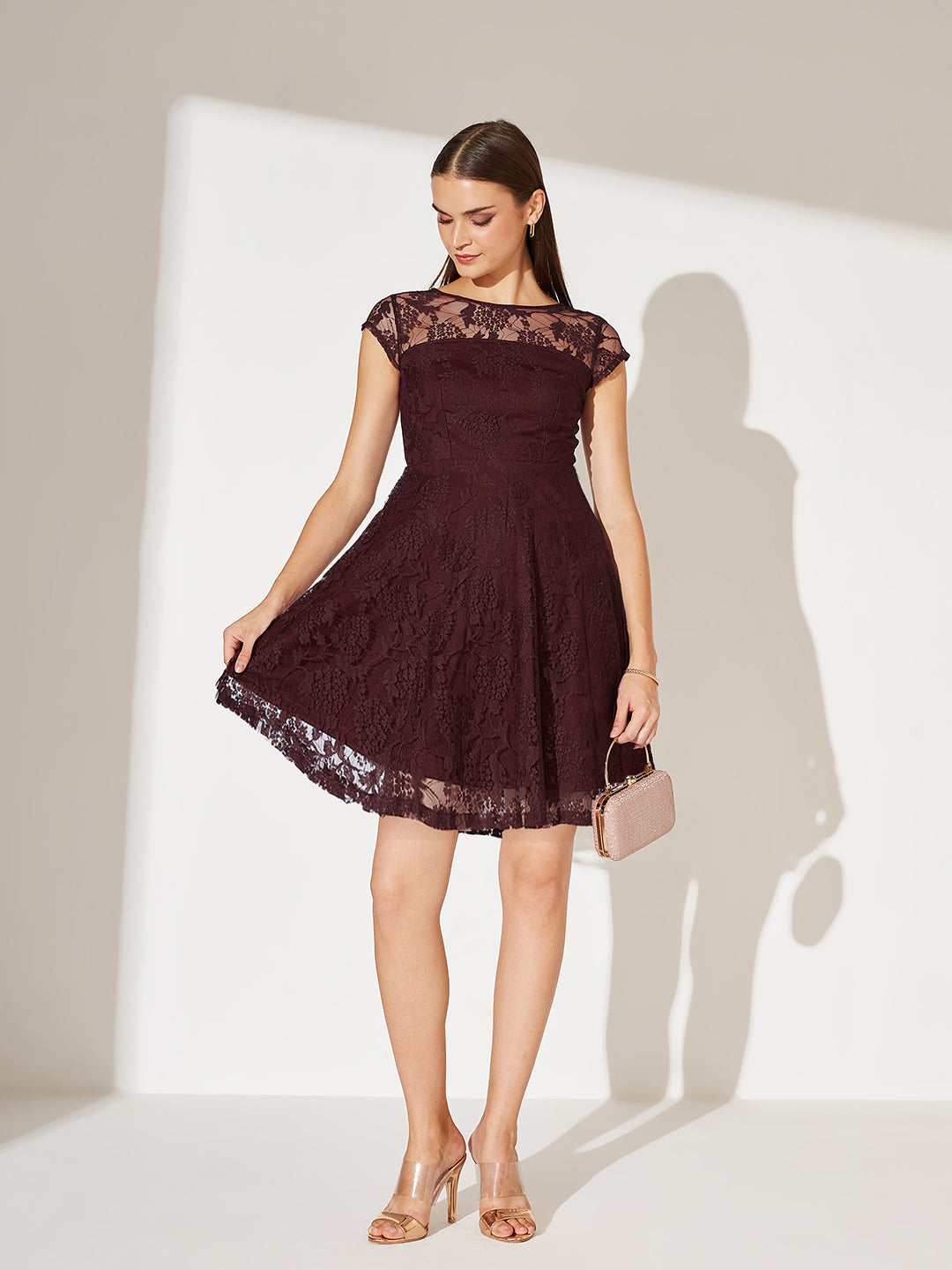 Wine Round Neck Cap Sleeves Lace Knee-Long Skater Dress for Women