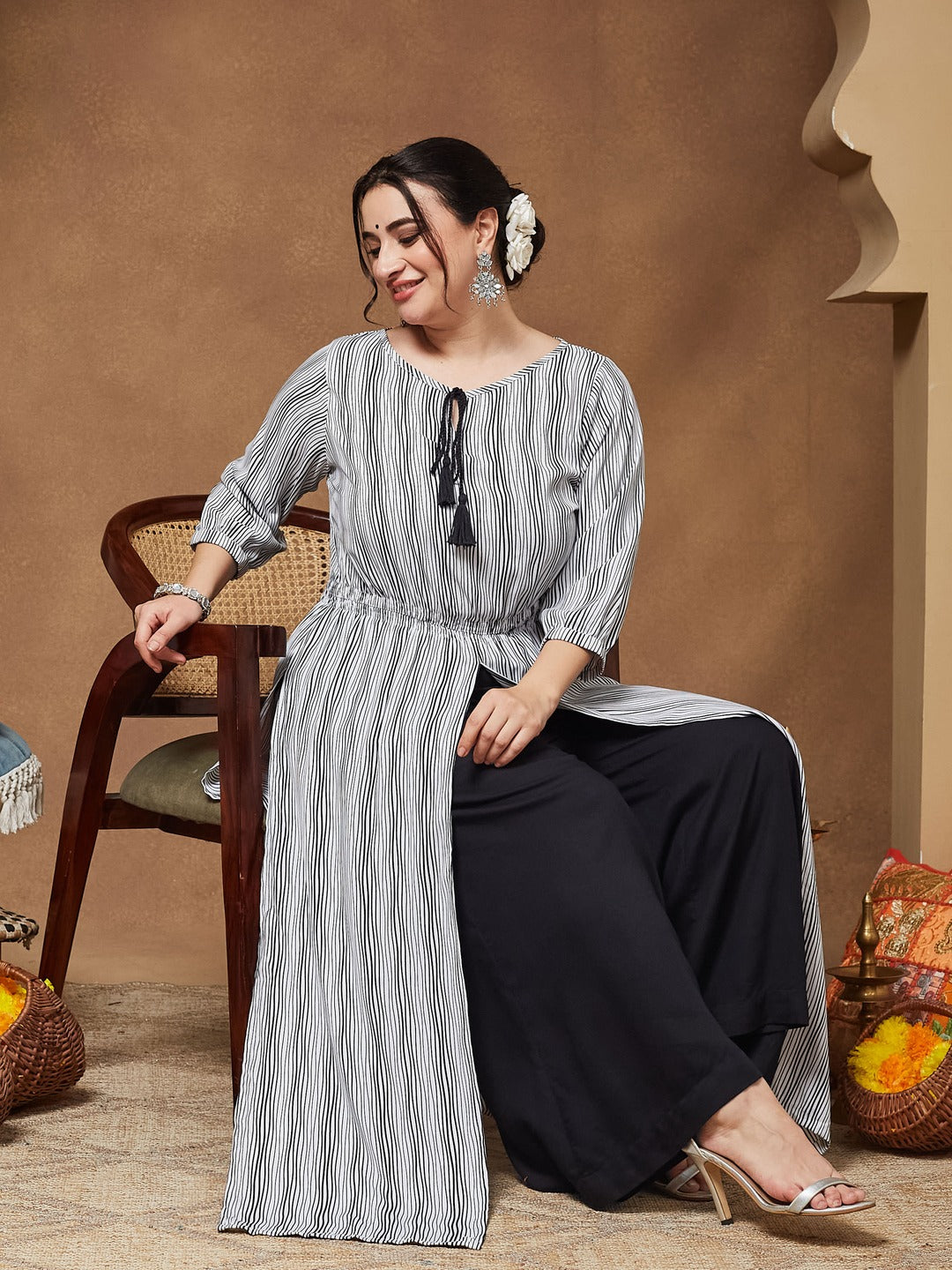 Black & White Round Neck 3/4 Sleeve Striped Tassel Tie-Up Detailing Maxi Top for Women — Miss Chase A+