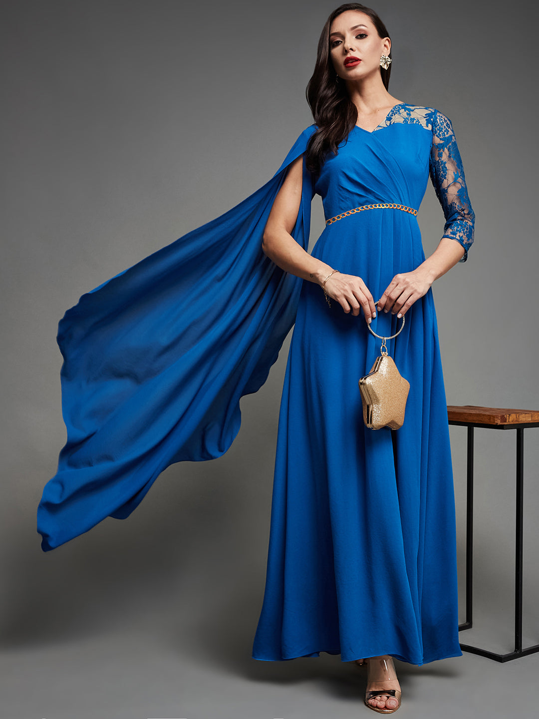 Women's Royal Blue V-Neck Asymmetric Embellished Maxi Georgette Dress