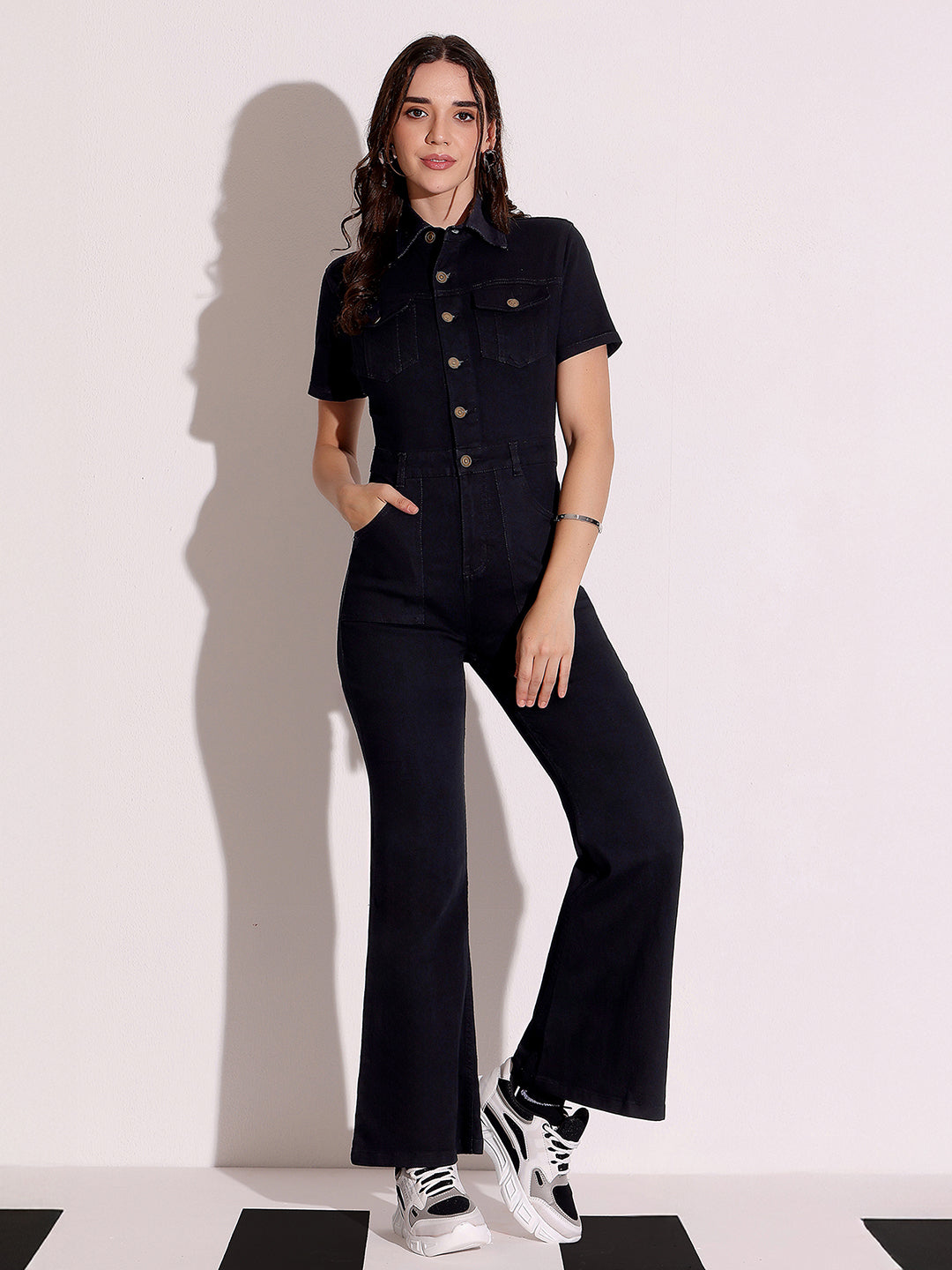 Women's Black Flared High Rise Regular Stretchable Denim Jumpsuit