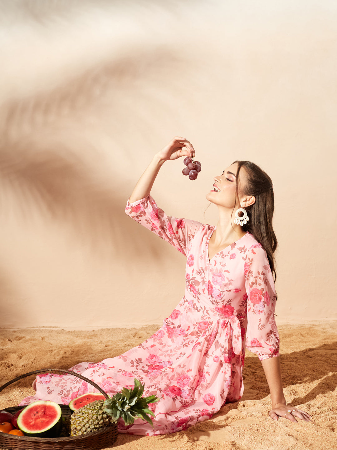 Pink Floral V-Neck 3/4 Sleeve Wrap Midi Chiffon Dress for Women — Miss Chase