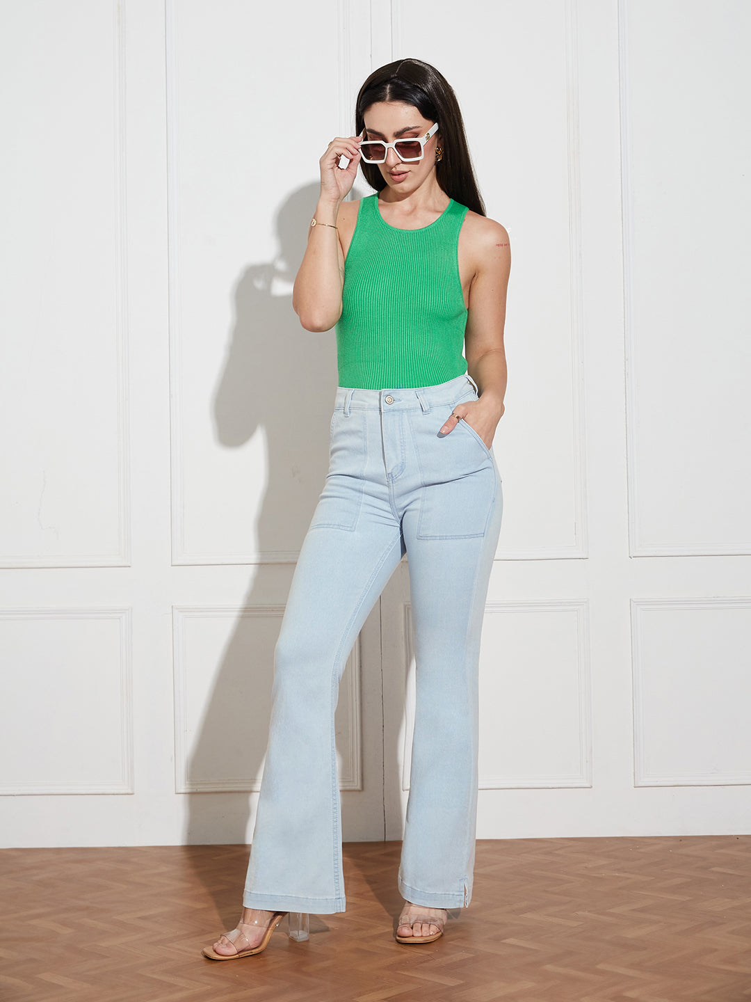 Women's Light Blue Bootcut High rise Clean look Regular Stretchable Denim Jeans