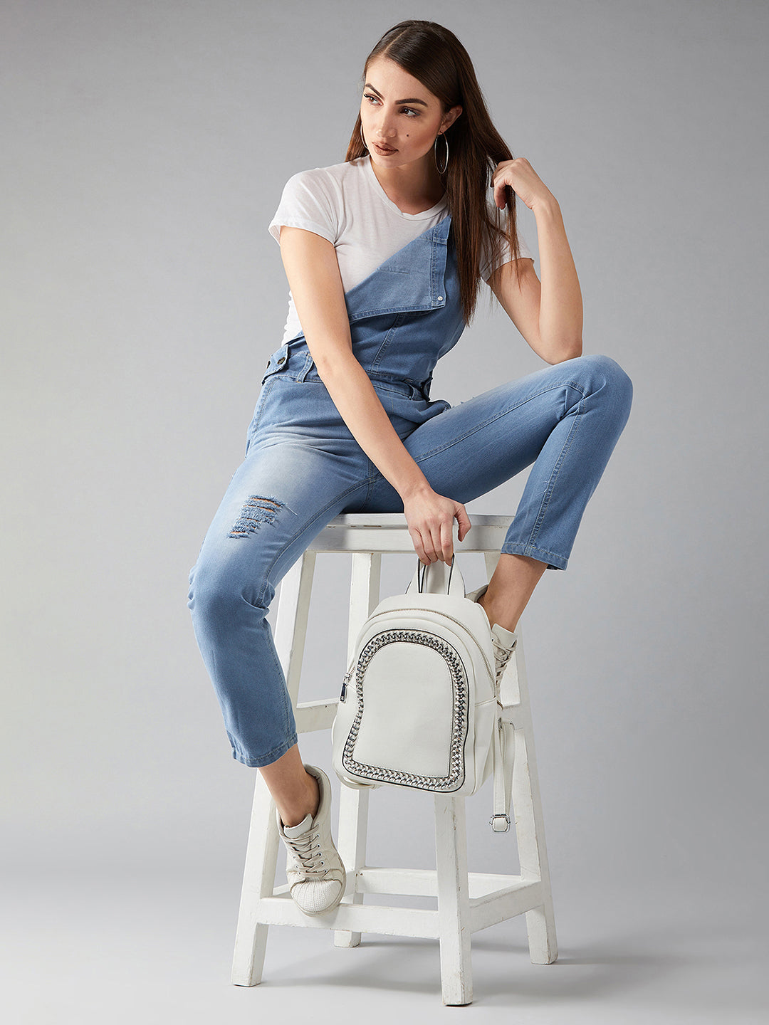 Women's Light Blue Regular Fit Mid Rise Regular Length Ripped Denim Dungaree